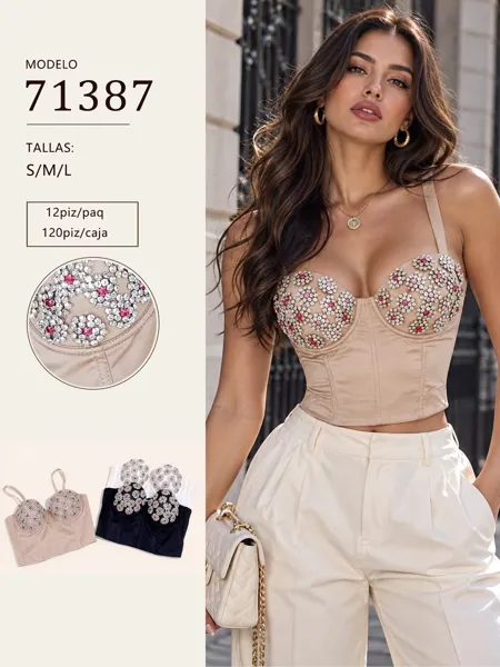 Corsé tipo bustier con pedrería floral y tirantes para mujer