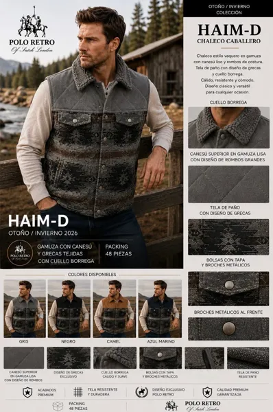 Chaleco acolchado de gamuza con grecas y cuello borrega para hombre