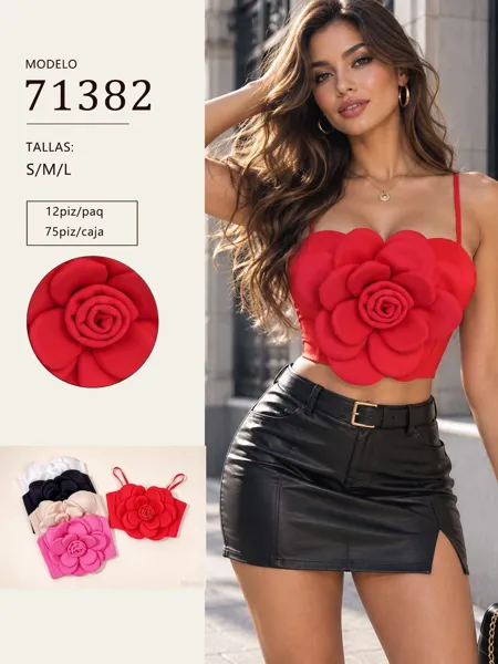 Top corto de tirantes con flor 3D para mujer