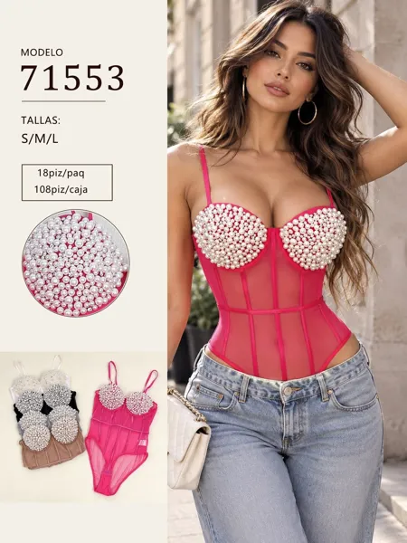 Body de malla tipo corsé con copas de perlas para mujer