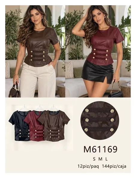 Blusa de manga corta efecto piel con botones estilo corsé para mujer