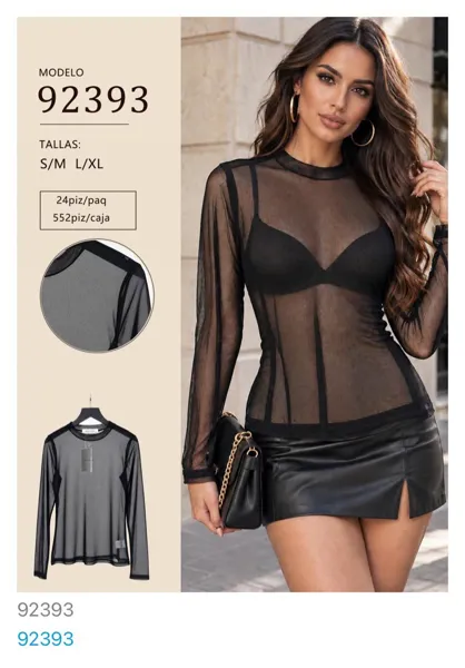 Blusa de malla transparente de manga larga para mujer