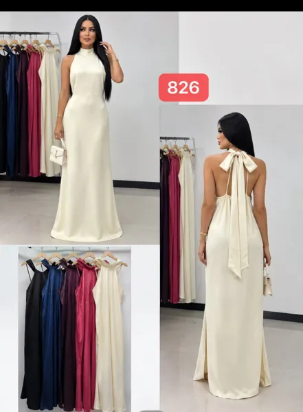 Vestido largo de satén con cuello halter y moño en la espalda para mujer