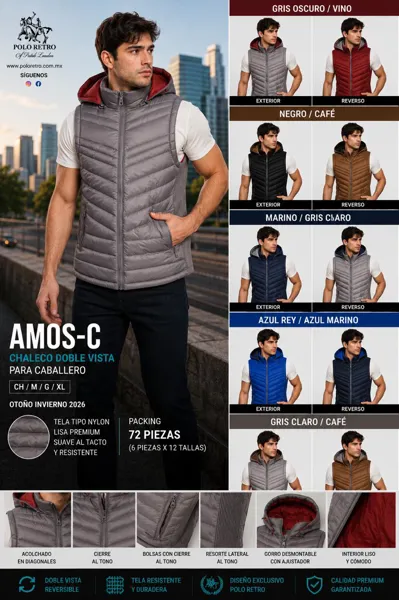 Chaleco acolchado doble vista con gorro desmontable para hombre