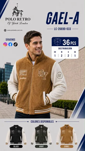 Chamarra tipo varsity de borrega con bordados para hombre