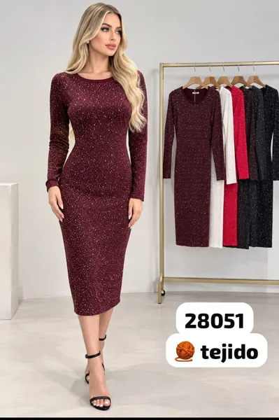 Vestido midi tejido con brillos y manga larga para mujer