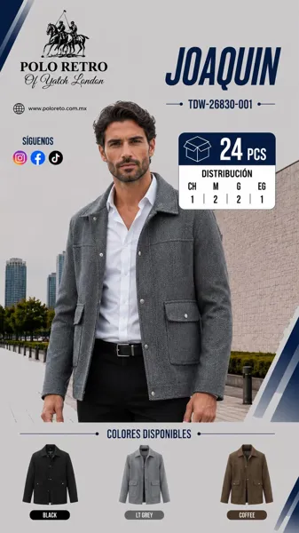 Chamarra de paño espiga con broches y bolsas de parche para hombre