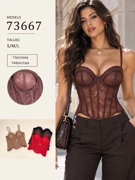Corsé de encaje floral con varillas y tirantes para mujer