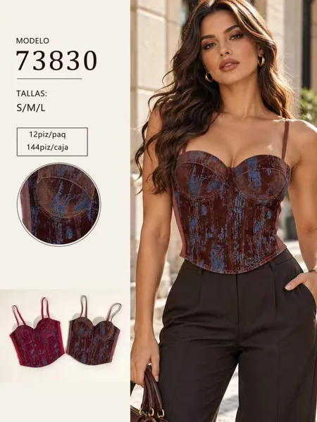 Corsé de terciopelo estampado con copas y tirantes para mujer