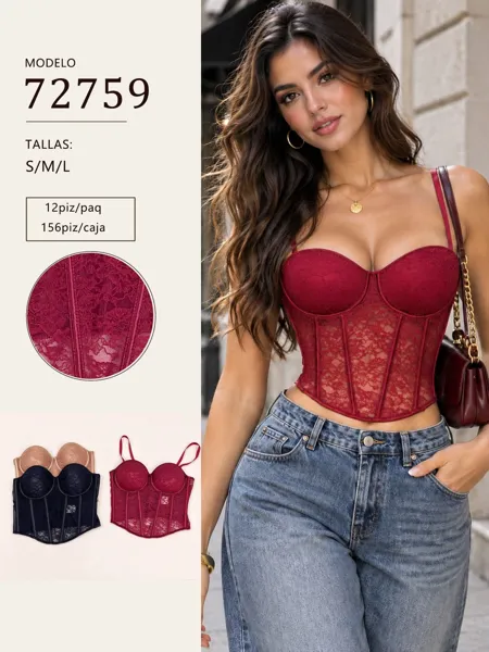Corsé de encaje con copas push-up y tirantes para mujer