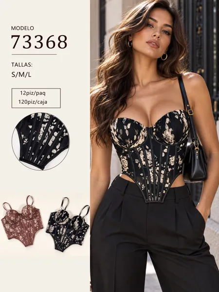 Corsé estampado floral con varillas y tirantes para mujer