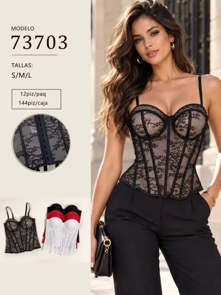 Corsé de encaje transparente con varillas y tirantes para mujer