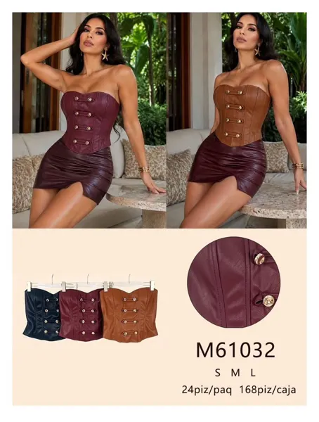 Corset strapless de piel sintética con botones dorados para mujer