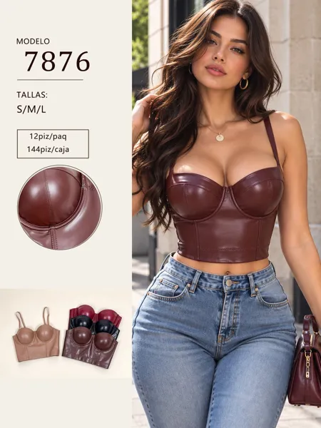 Corset de piel sintética con copas y tirantes para mujer