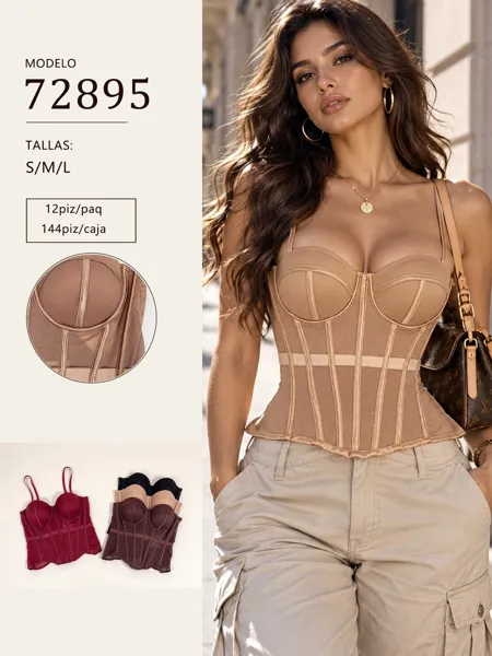 Corset de malla con varillas y copas para mujer