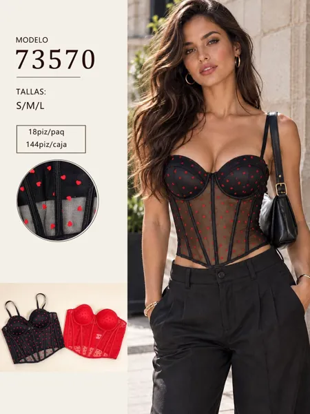 Corset de malla con corazones y tirantes para mujer