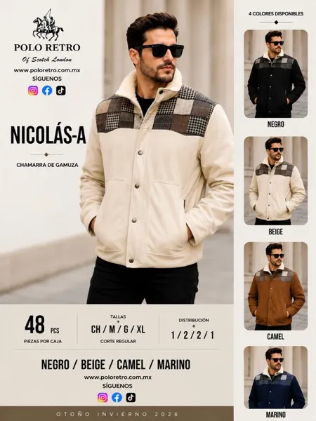 Chamarra de gamuza con canesú de cuadros y cuello borrega para hombre