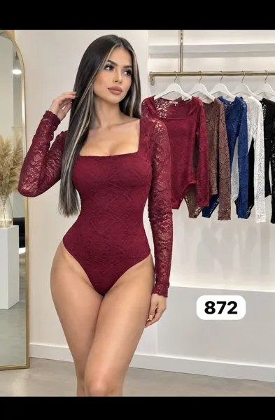 Body de encaje con manga larga y escote cuadrado para mujer