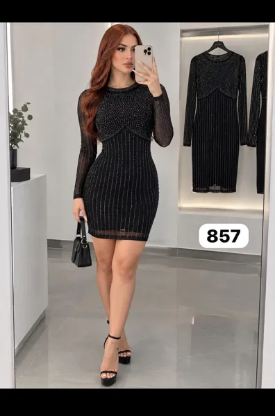 Vestido corto ajustado de malla con líneas de pedrería y manga larga para mujer