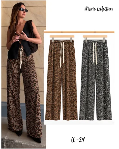 Pantalón ancho con estampado de leopardo y cordón en cintura para mujer