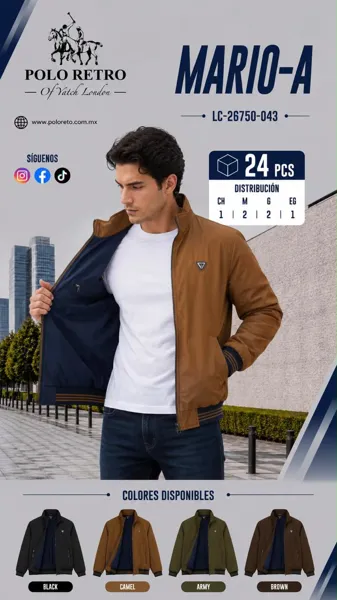 Chamarra tipo bomber con cuello alto y cierre para hombre