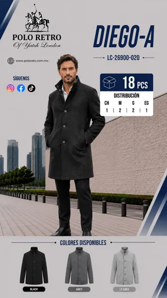 Abrigo de paño con cuello alto y botones para hombre