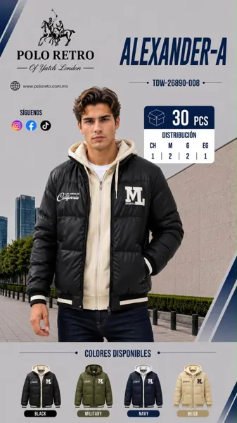 Chamarra acolchada con capucha desmontable estilo varsity para hombre