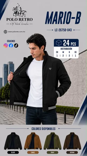 Chamarra tipo bomber con cuello alto y puños a rayas para hombre