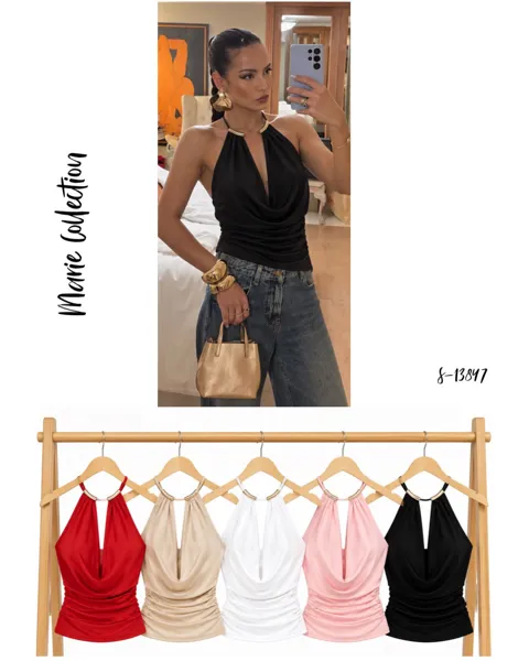 Top halter drapeado con cuello de metal dorado para mujer