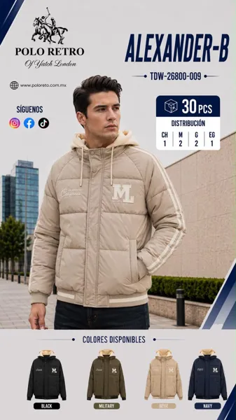 Chamarra acolchada con capucha desmontable y rayas en mangas para hombre