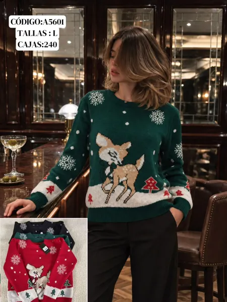 Suéter navideño tejido con venado y copos de nieve para mujer