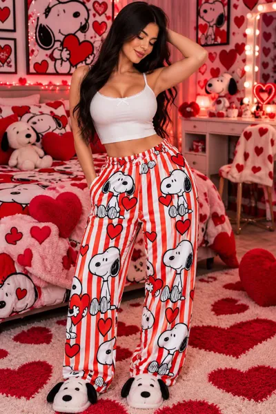 Pantalón de pijama afelpado con estampado de perrito y corazones para mujer