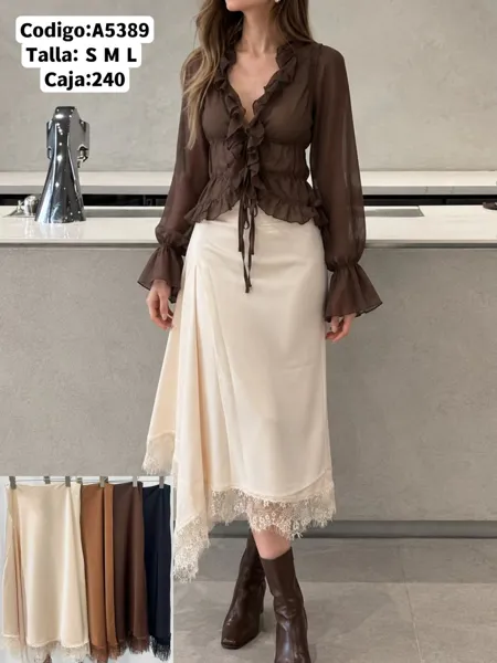 Falda midi satinada con encaje en el bajo para mujer