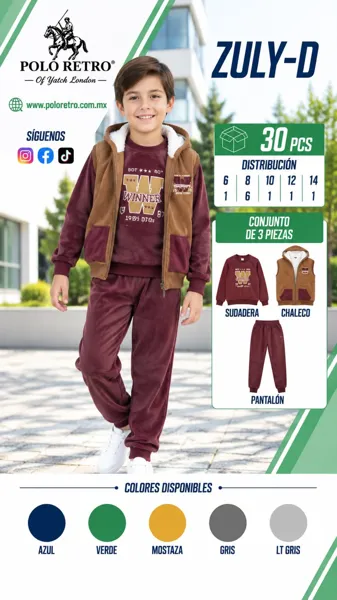Conjunto afelpado de 3 piezas para niño sudadera chaleco y pantalón