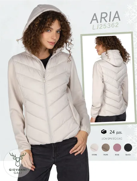 Chamarra acolchada con capucha y mangas de tela para mujer