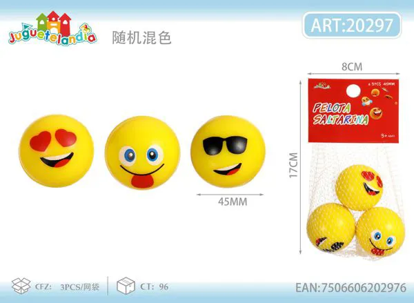 Pelotas saltarinas de 45 mm con caritas emoji, set de 3 piezas