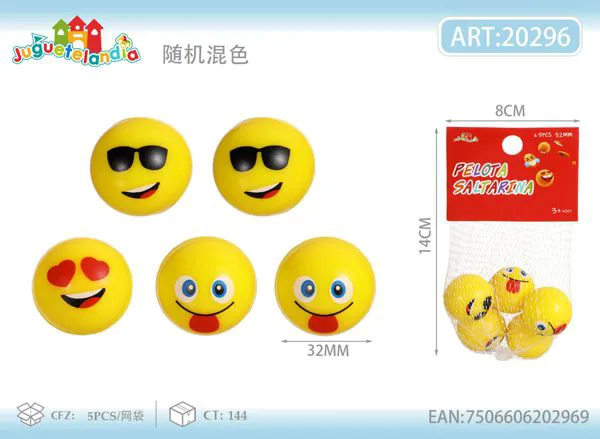 Pelotas saltarinas de 32 mm con caritas emoji, set de 5 piezas