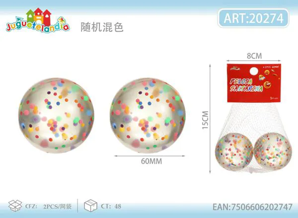 Pelotas saltarinas transparentes de 60 mm con confeti de colores, set de 2