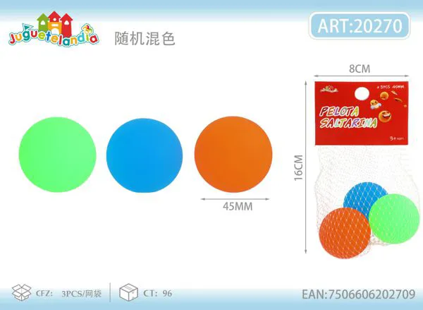 Pelotas saltarinas de 45 mm en colores neón lisos, set de 3 piezas
