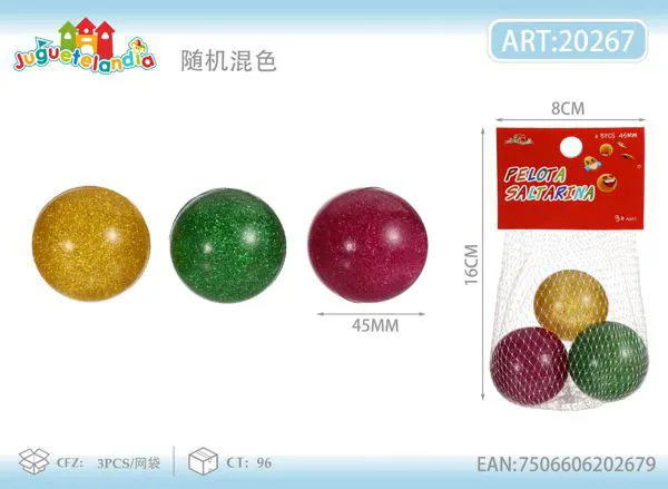 Pelotas saltarinas de 45 mm con brillantina, set de 3 piezas