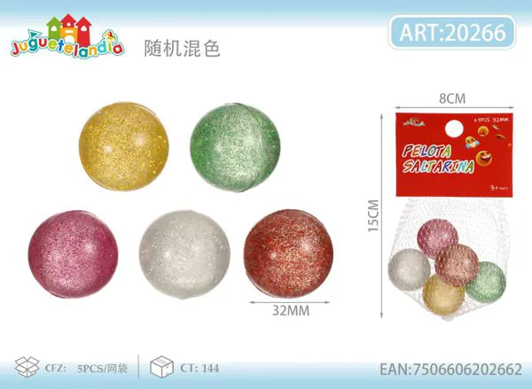 Pelotas saltarinas de 32 mm con brillantina, set de 5 piezas