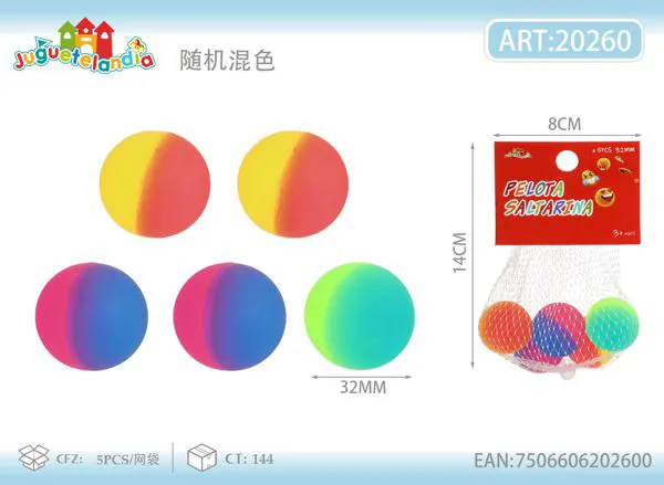 Pelotas saltarinas de 32 mm en dos tonos degradados, set de 5 piezas