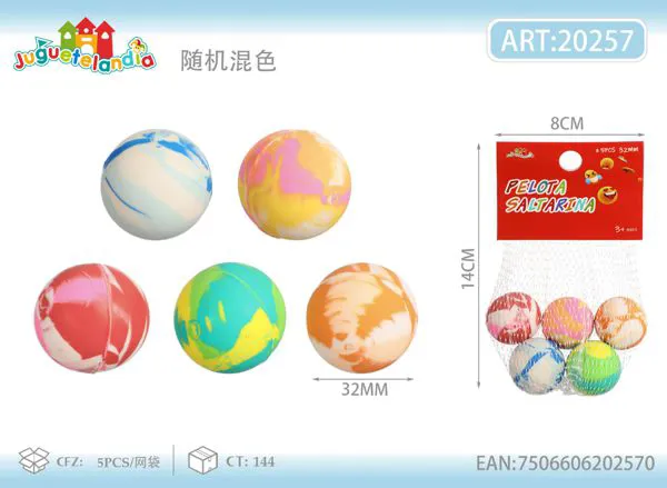 Pelotas saltarinas de 32 mm con efecto marmoleado, set de 5 piezas