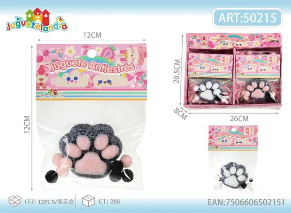 Juguete antiestrés squishy de patita de gato peluda con pompones