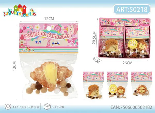 Juguete antiestrés squishy de pan y postres surtidos con pompones