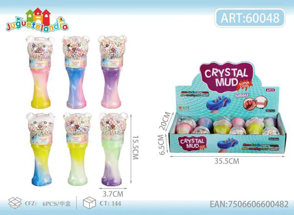 Slime perlado en frasco curvo de 12 cm con tapa de oso y bolitas de espuma