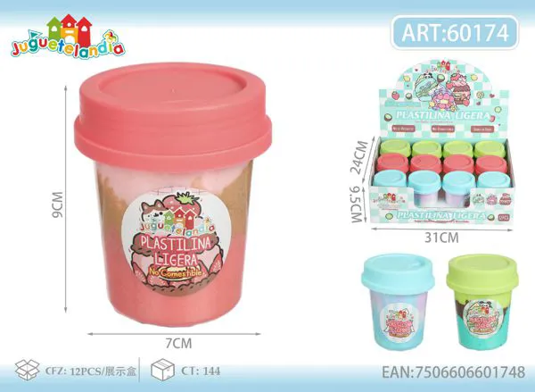Plastilina ligera tipo slime mantequilla de tres colores de 120 g en vaso