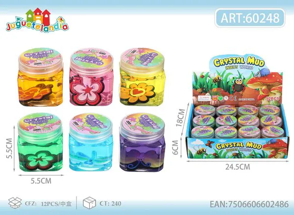Slime cristalino en frasco cuadrado con figura de abeja y flor 5x5.5 cm