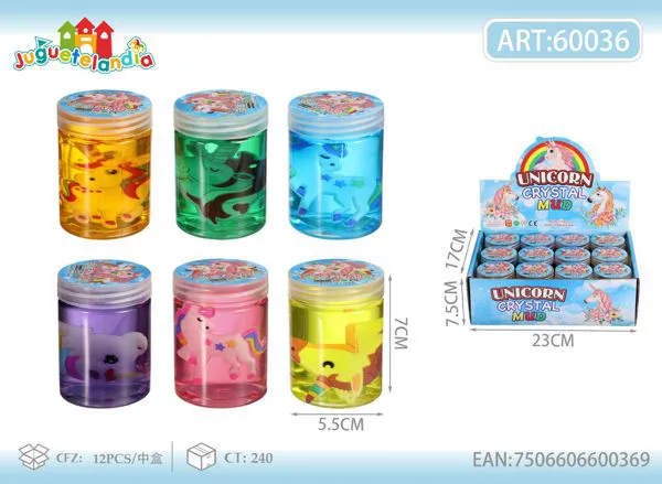 Slime cristalino transparente con figura de unicornio en frasco 7.5x5.5 cm