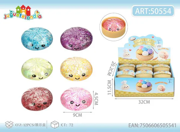 Bao antiestrés squishy de 8.5 cm con brillantina y carita feliz